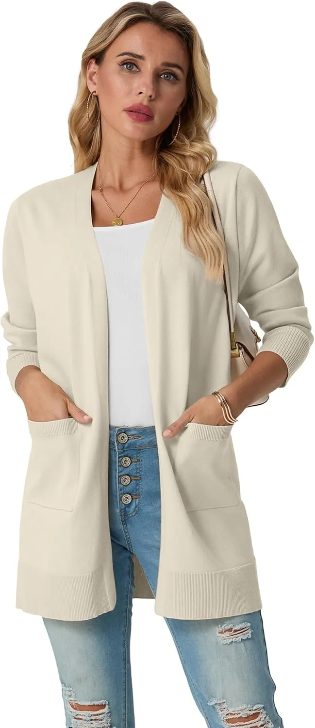 GRECERELLE Womens Lightweight Open Front Casual V-Neck Long Cardigan Sweater with Pockets, S-2XL