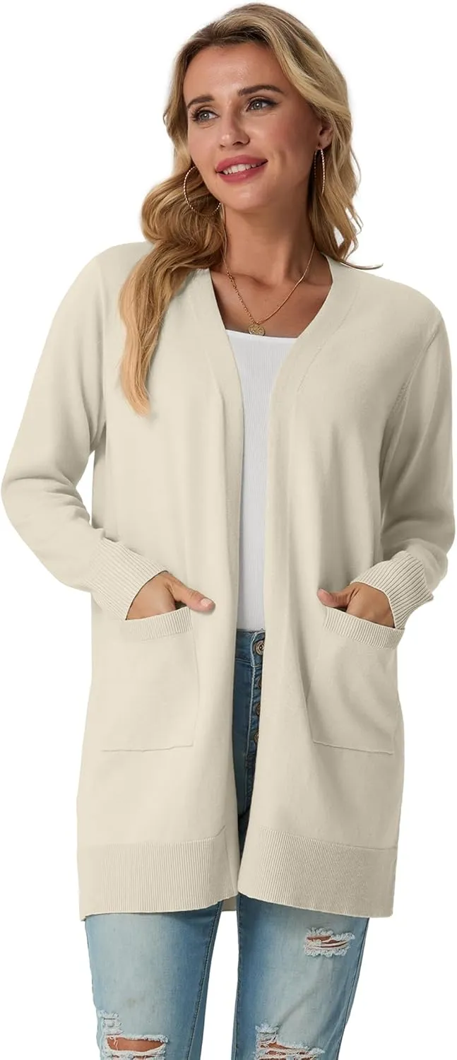 GRECERELLE Womens Lightweight Open Front Casual V-Neck Long Cardigan Sweater with Pockets, S-2XL