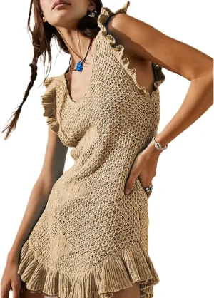 Hotmiss Women's Summer Casual Babydoll Mini Dress Ruffle Sleeveless V Neck Pleated Swing Tunic Dress