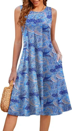 HOTOUCH Summer Casual Dresses for Women Sleeveless Midi Dress Swing Tank Sundress Pleated Tshirt Dress with Pockets