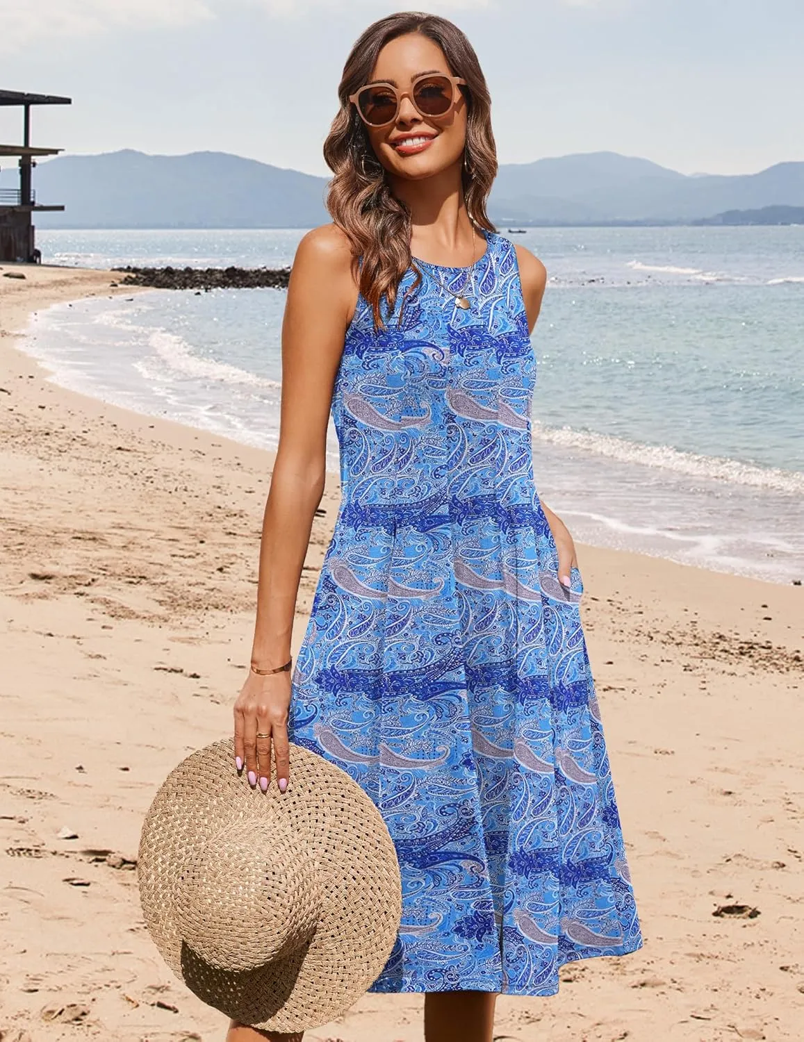 HOTOUCH Summer Casual Dresses for Women Sleeveless Midi Dress Swing Tank Sundress Pleated Tshirt Dress with Pockets