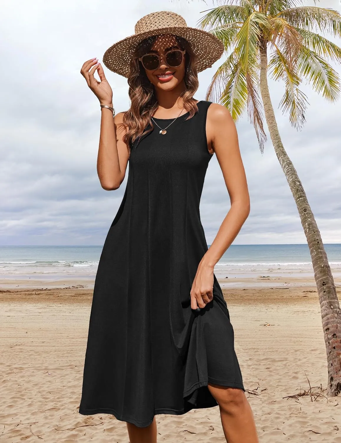 HOTOUCH Summer Casual Dresses for Women Sleeveless Midi Dress Swing Tank Sundress Pleated Tshirt Dress with Pockets