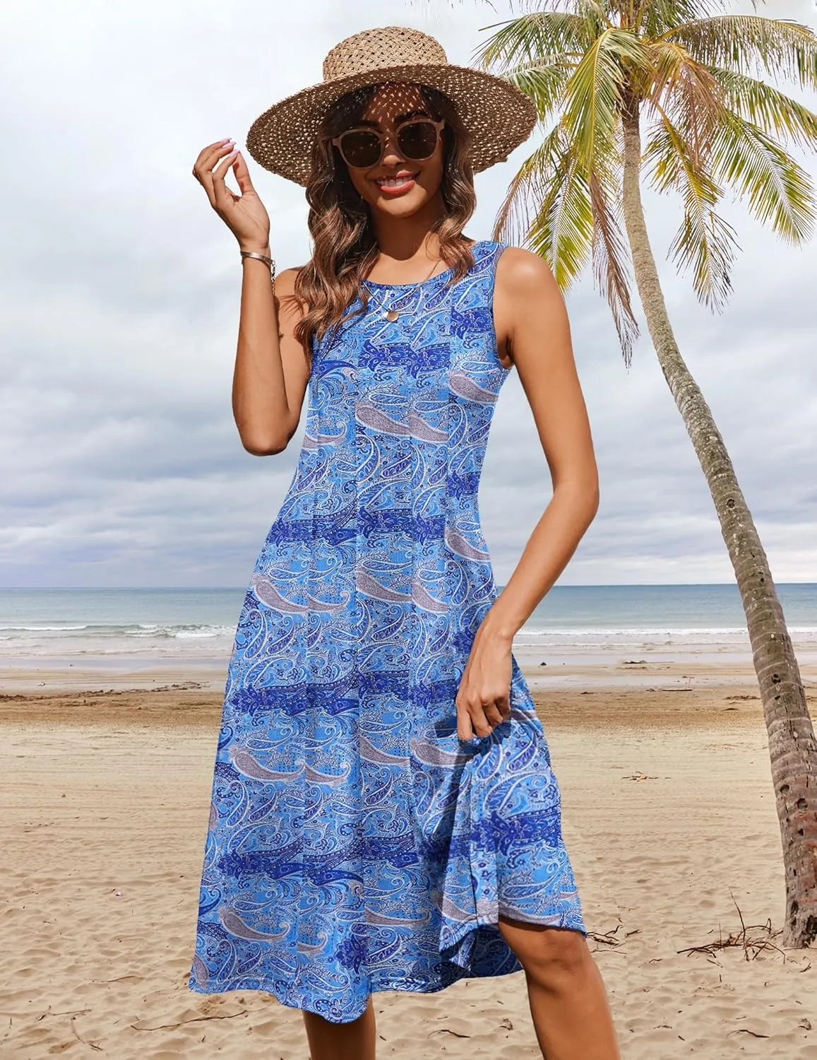 HOTOUCH Summer Casual Dresses for Women Sleeveless Midi Dress Swing Tank Sundress Pleated Tshirt Dress with Pockets