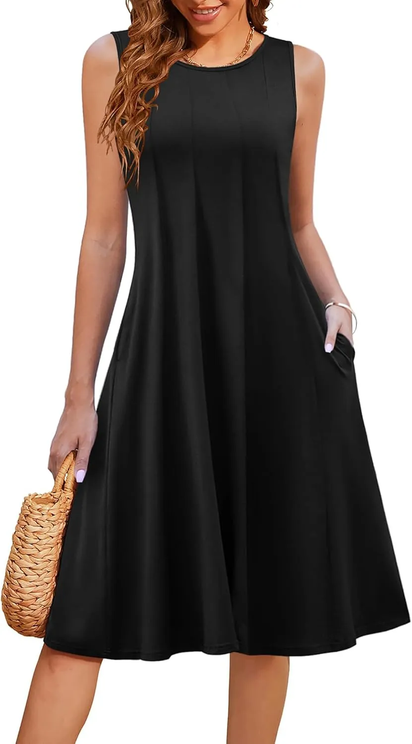 HOTOUCH Summer Casual Dresses for Women Sleeveless Midi Dress Swing Tank Sundress Pleated Tshirt Dress with Pockets