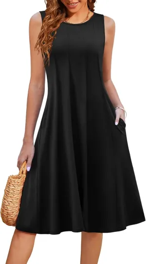 HOTOUCH Summer Casual Dresses for Women Sleeveless Midi Dress Swing Tank Sundress Pleated Tshirt Dress with Pockets
