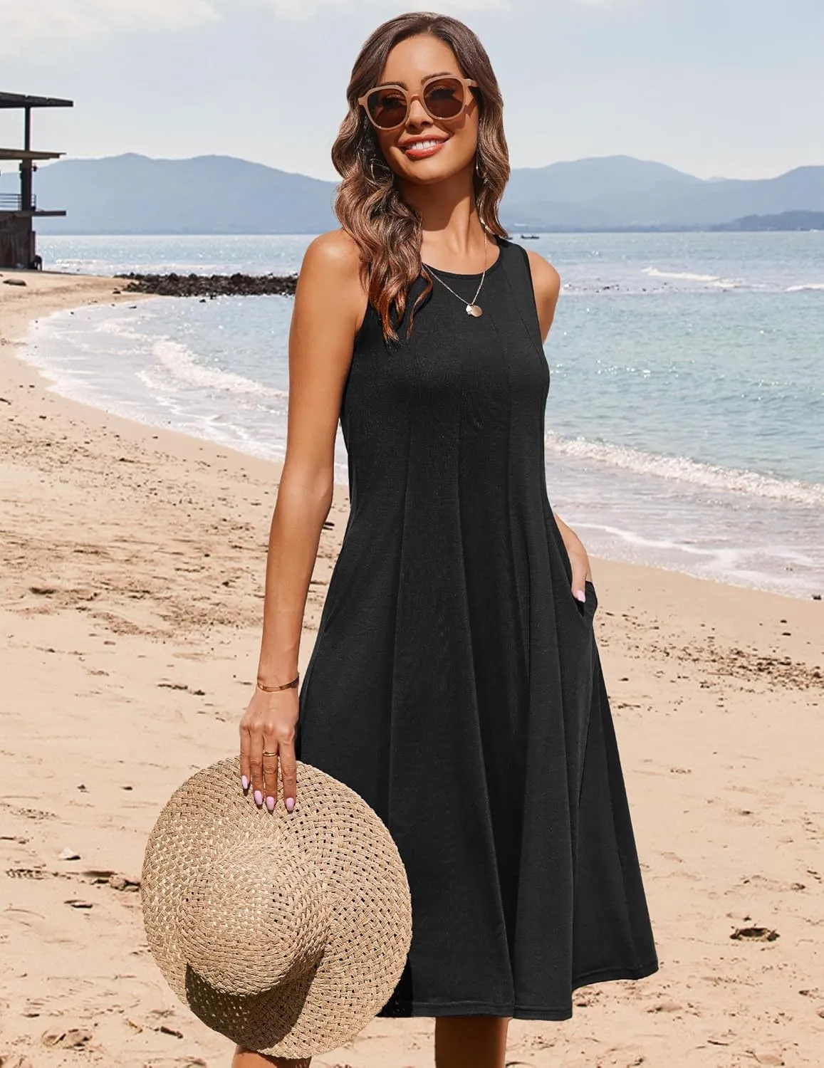 HOTOUCH Summer Casual Dresses for Women Sleeveless Midi Dress Swing Tank Sundress Pleated Tshirt Dress with Pockets