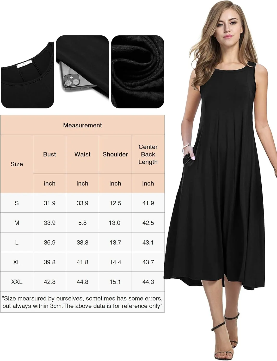 HOTOUCH Summer Casual Dresses for Women Sleeveless Midi Dress Swing Tank Sundress Pleated Tshirt Dress with Pockets