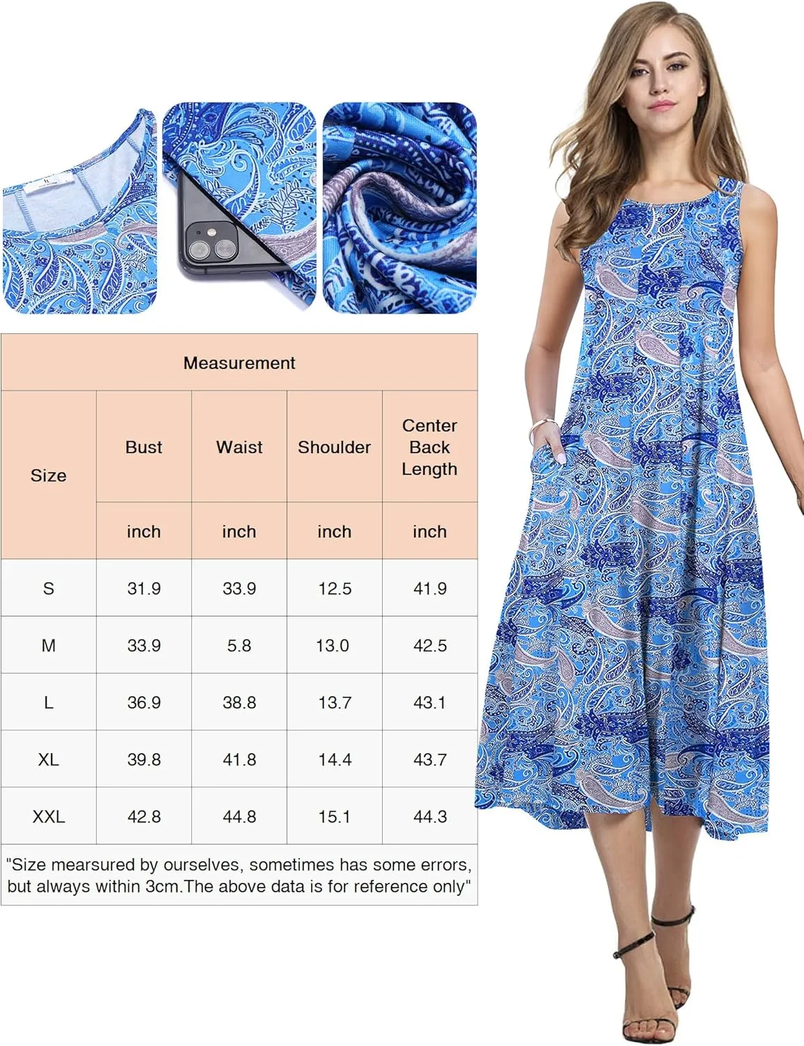 HOTOUCH Summer Casual Dresses for Women Sleeveless Midi Dress Swing Tank Sundress Pleated Tshirt Dress with Pockets