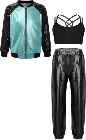 JEATHA Girls Hip-hop Street Dance Outfits Shiny Metallic Bomber Jacket  Sports Crop Top   Pants Set Activewear Tracksuit