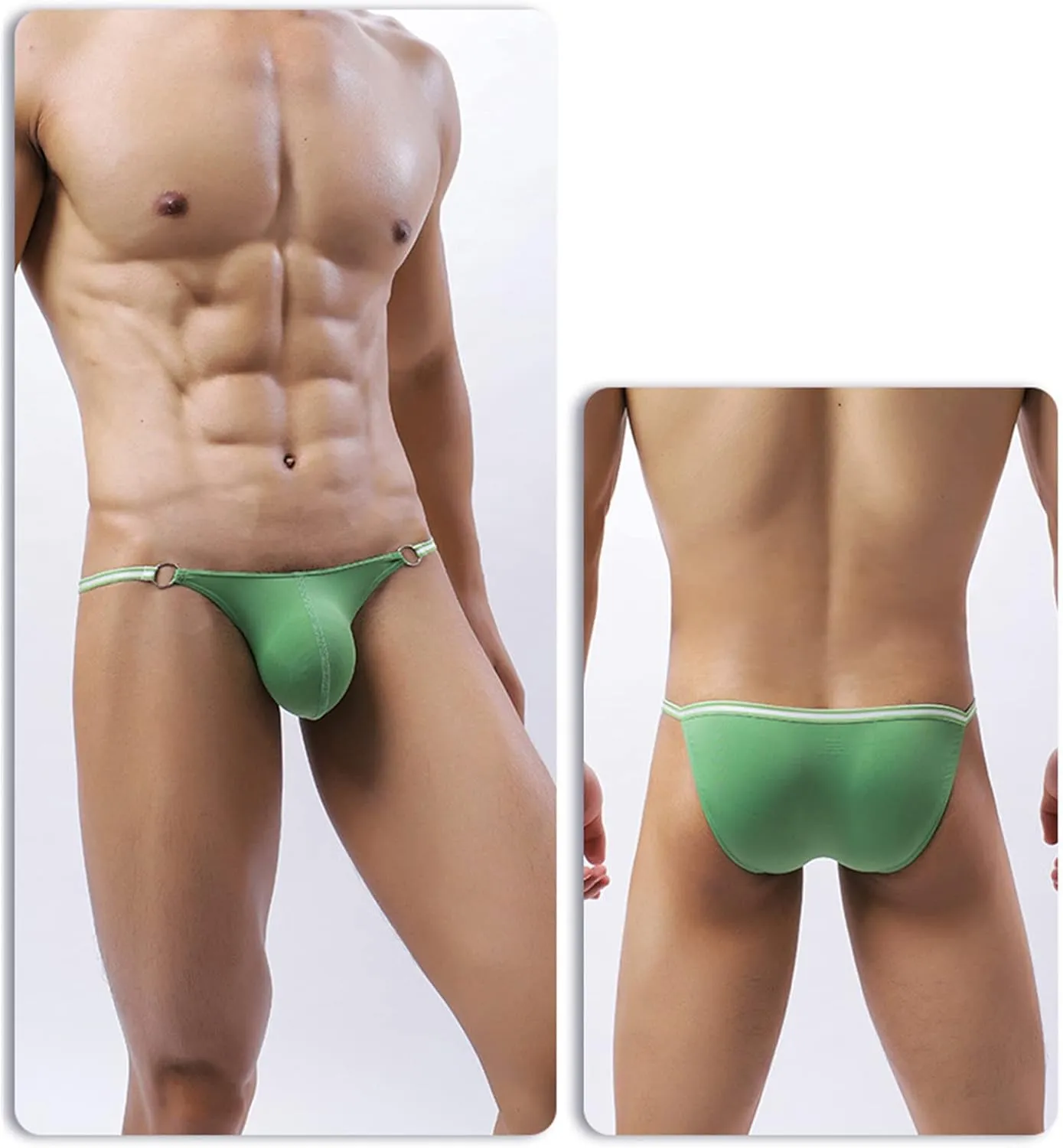 JEsilunmaMY Mens Breathable Bikini Briefs Ice Silk Low Rise Bulge Pouch G-String Thongs Solid Color Stretch Hollow Underwear (Green,Large)
