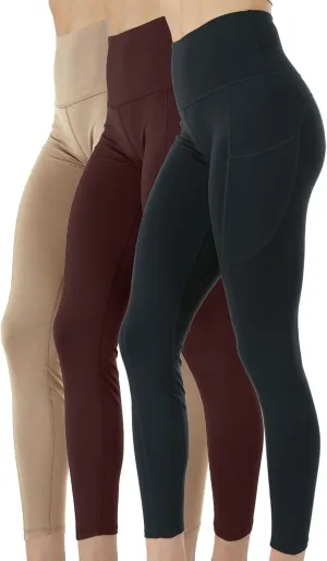 Kuda Moda 3-Pack Women's High Waist Yoga Leggings with Two Side Pockets Sports Legging Pants