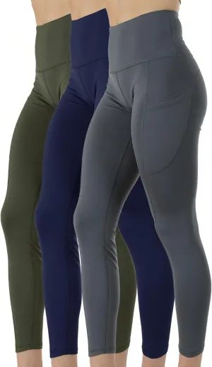 Kuda Moda 3-Pack Women's High Waist Yoga Leggings with Two Side Pockets Sports Legging Pants
