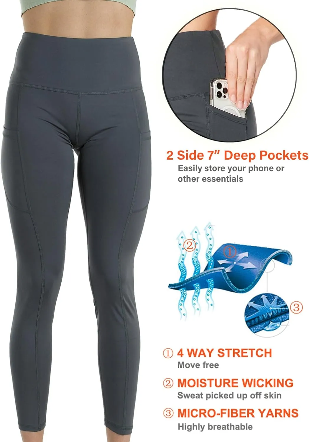 Kuda Moda 3-Pack Women's High Waist Yoga Leggings with Two Side Pockets Sports Legging Pants