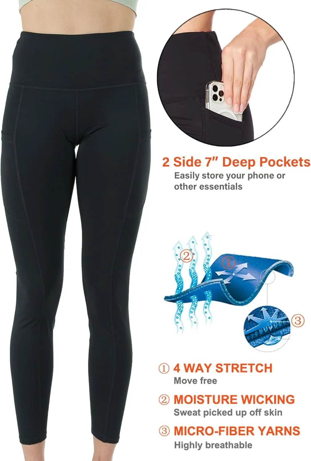 Kuda Moda 3-Pack Women's High Waist Yoga Leggings with Two Side Pockets Sports Legging Pants