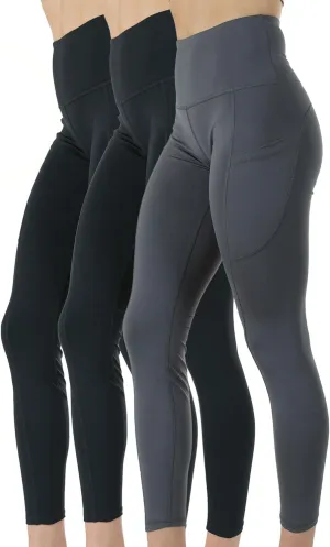 Kuda Moda 3-Pack Women's High Waist Yoga Leggings with Two Side Pockets Sports Legging Pants