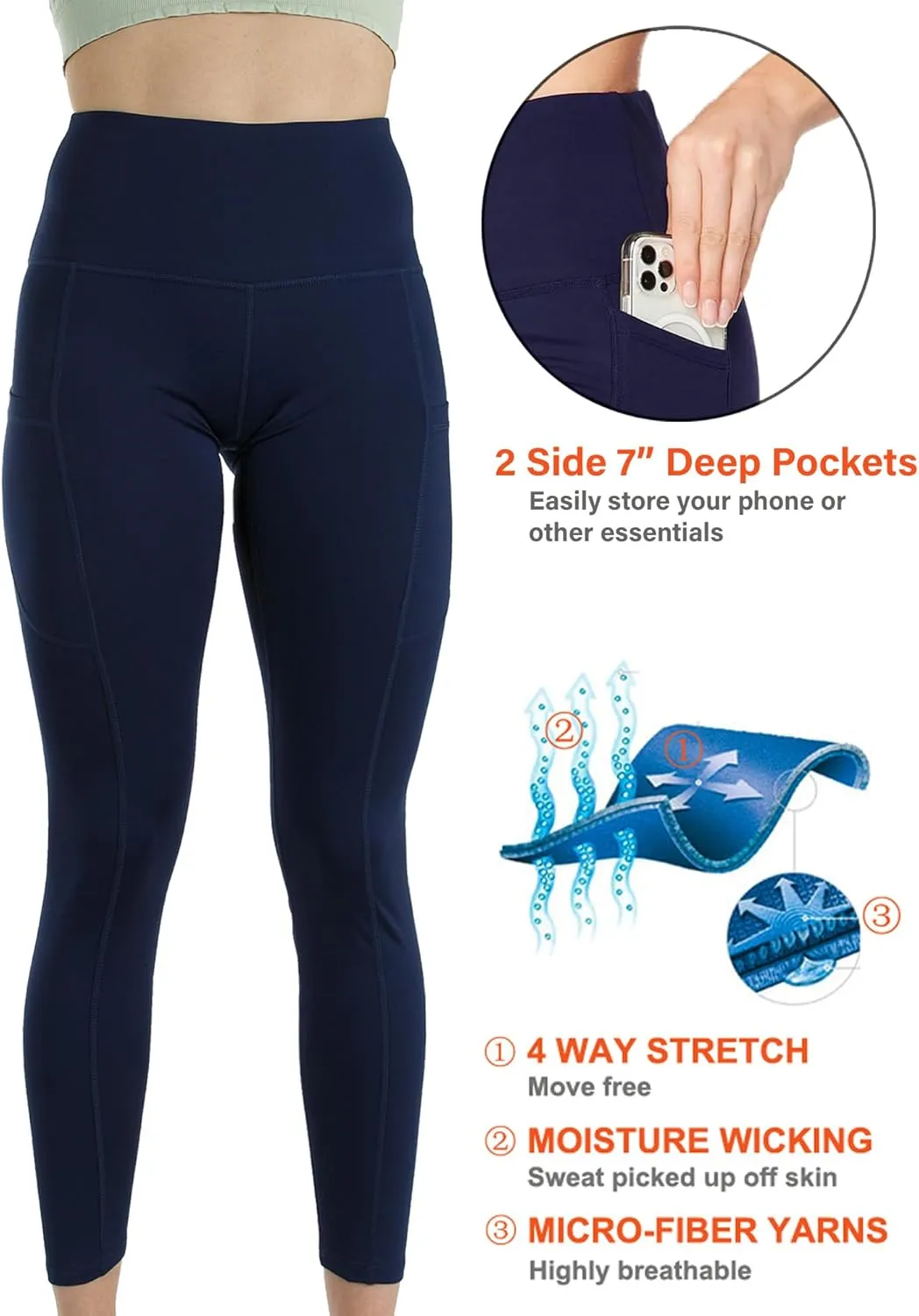 Kuda Moda 3-Pack Women's High Waist Yoga Leggings with Two Side Pockets Sports Legging Pants