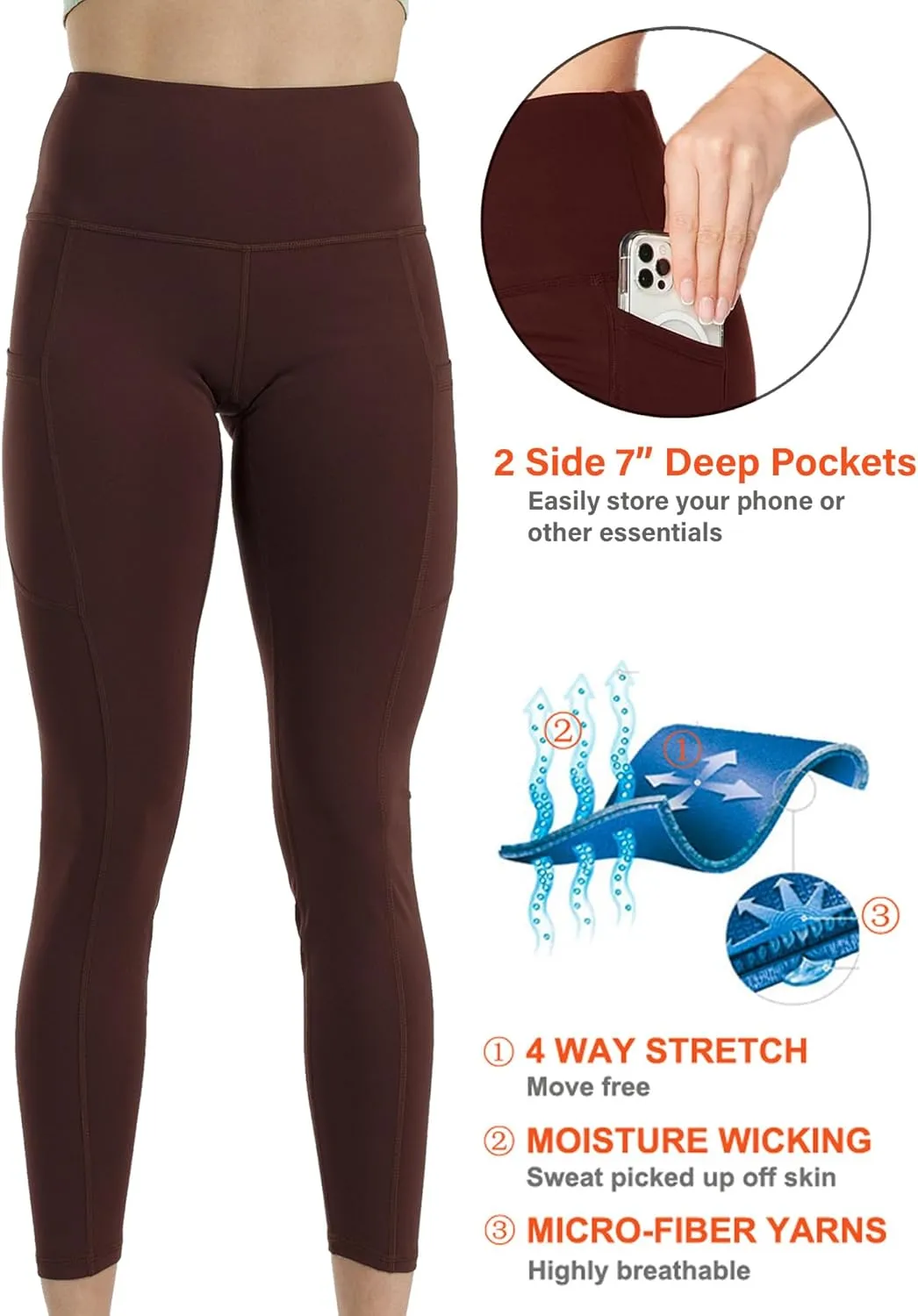 Kuda Moda 3-Pack Women's High Waist Yoga Leggings with Two Side Pockets Sports Legging Pants