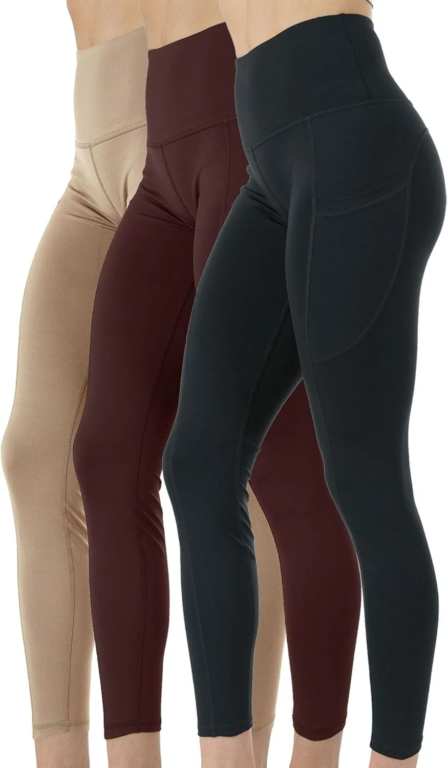 Kuda Moda 3-Pack Women's High Waist Yoga Leggings with Two Side Pockets Sports Legging Pants