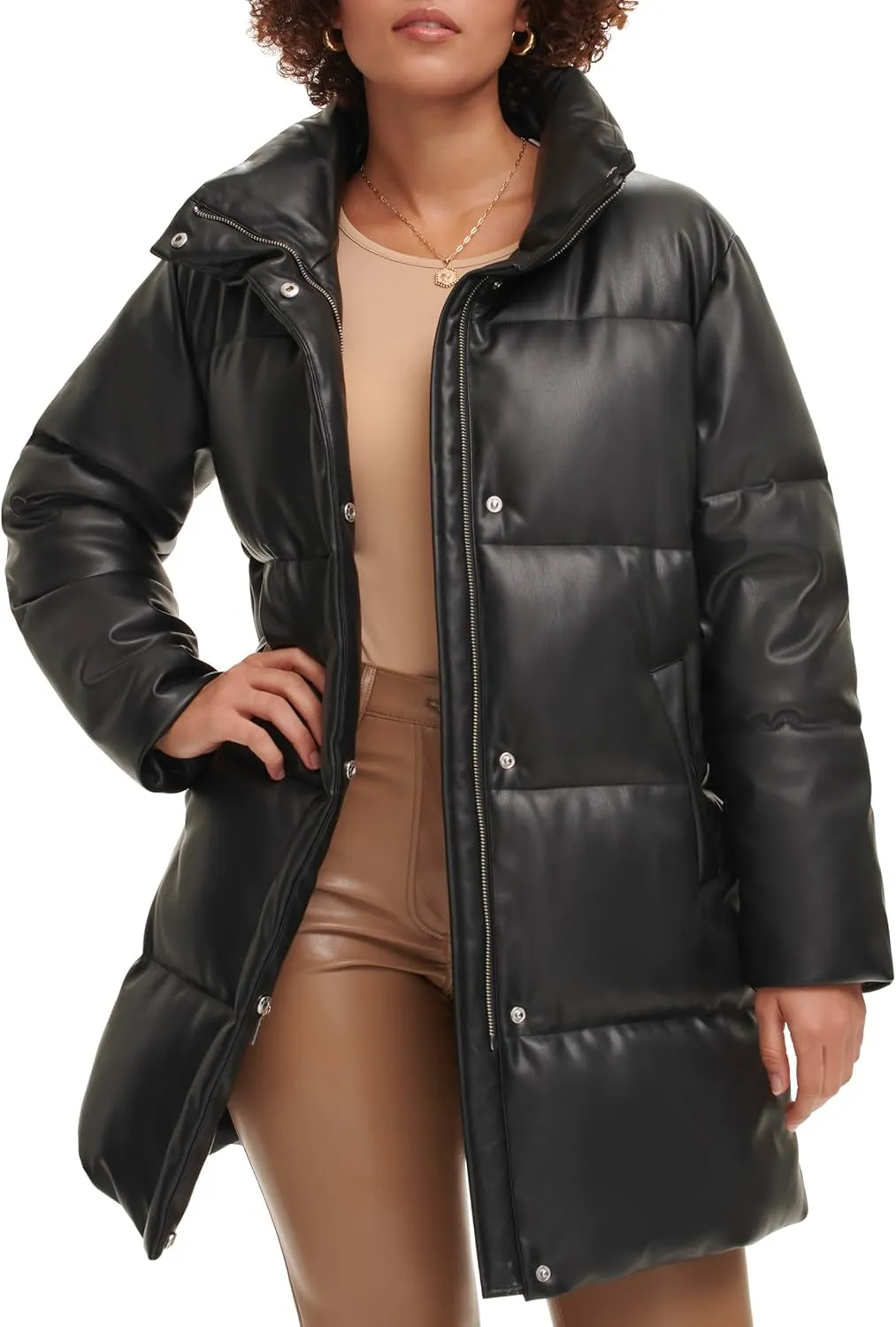 Levi's Women's Faux Leather Mid-Length Puffer Coat
