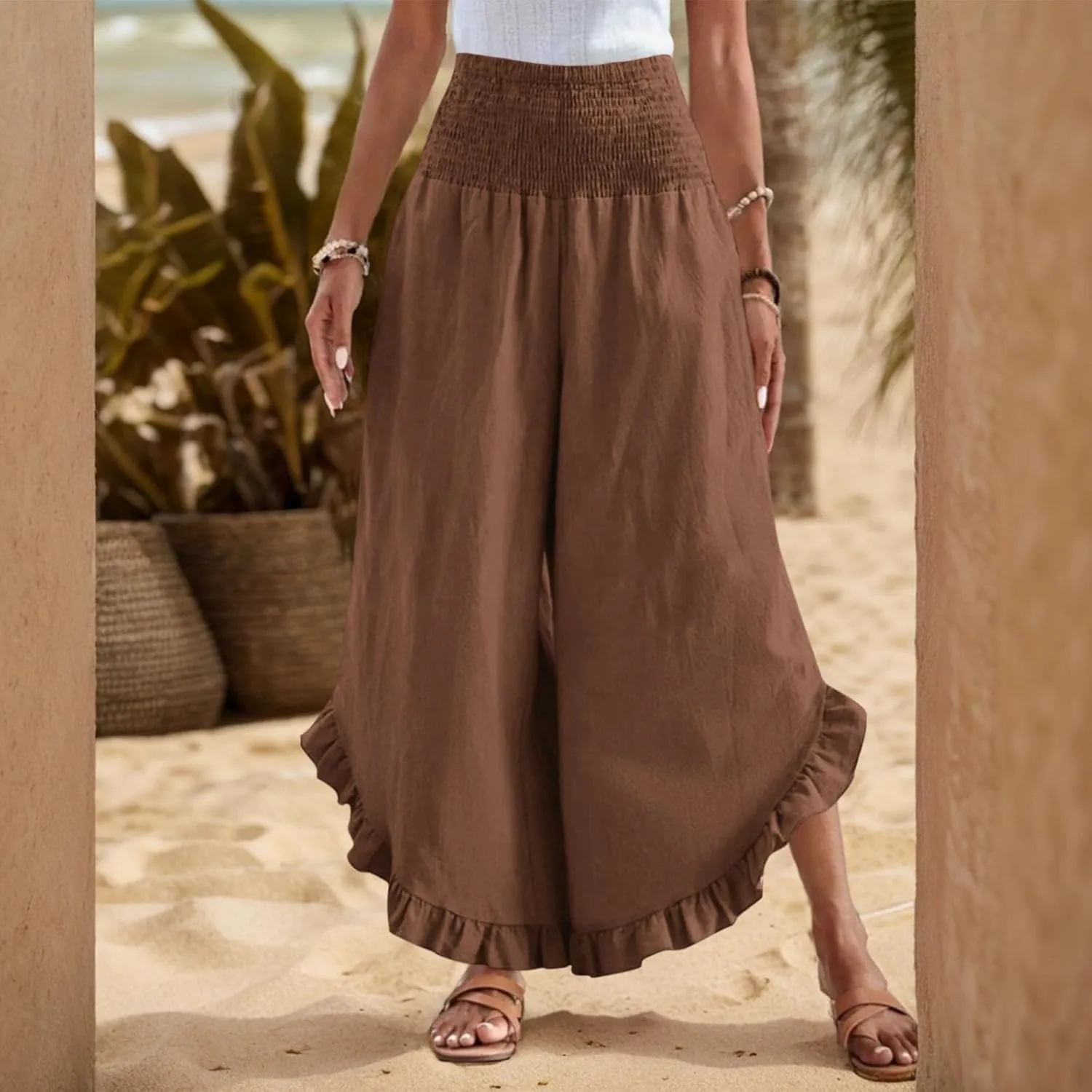 Linen Pants for Women 2025 Summer Casual Loose Flowy Boho Beach Pants,Smocked Waist Ruffle Palazzo Pant with Pockets