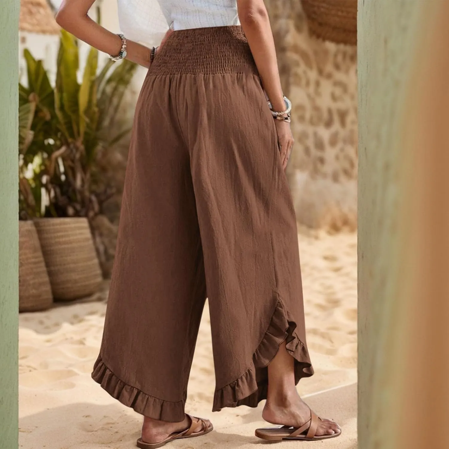 Linen Pants for Women 2025 Summer Casual Loose Flowy Boho Beach Pants,Smocked Waist Ruffle Palazzo Pant with Pockets