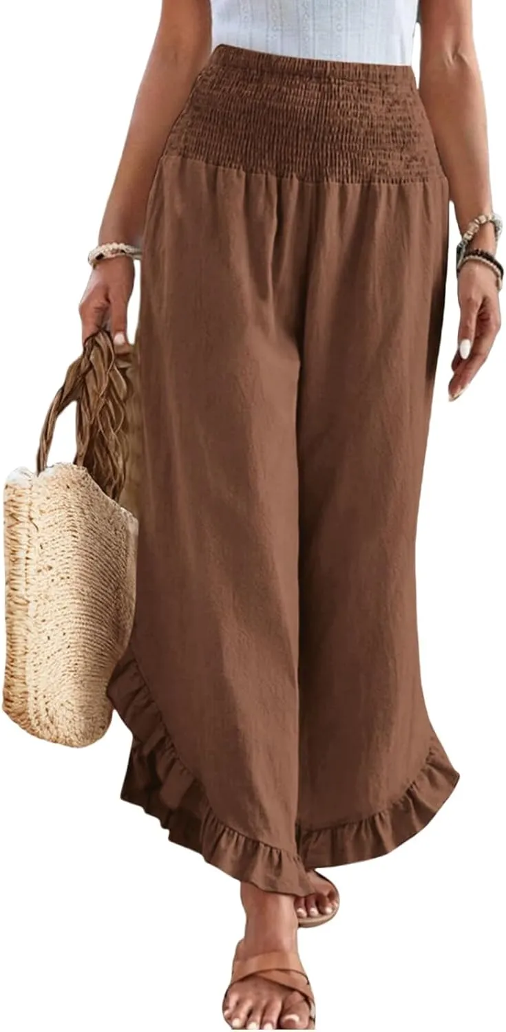 Linen Pants for Women 2025 Summer Casual Loose Flowy Boho Beach Pants,Smocked Waist Ruffle Palazzo Pant with Pockets