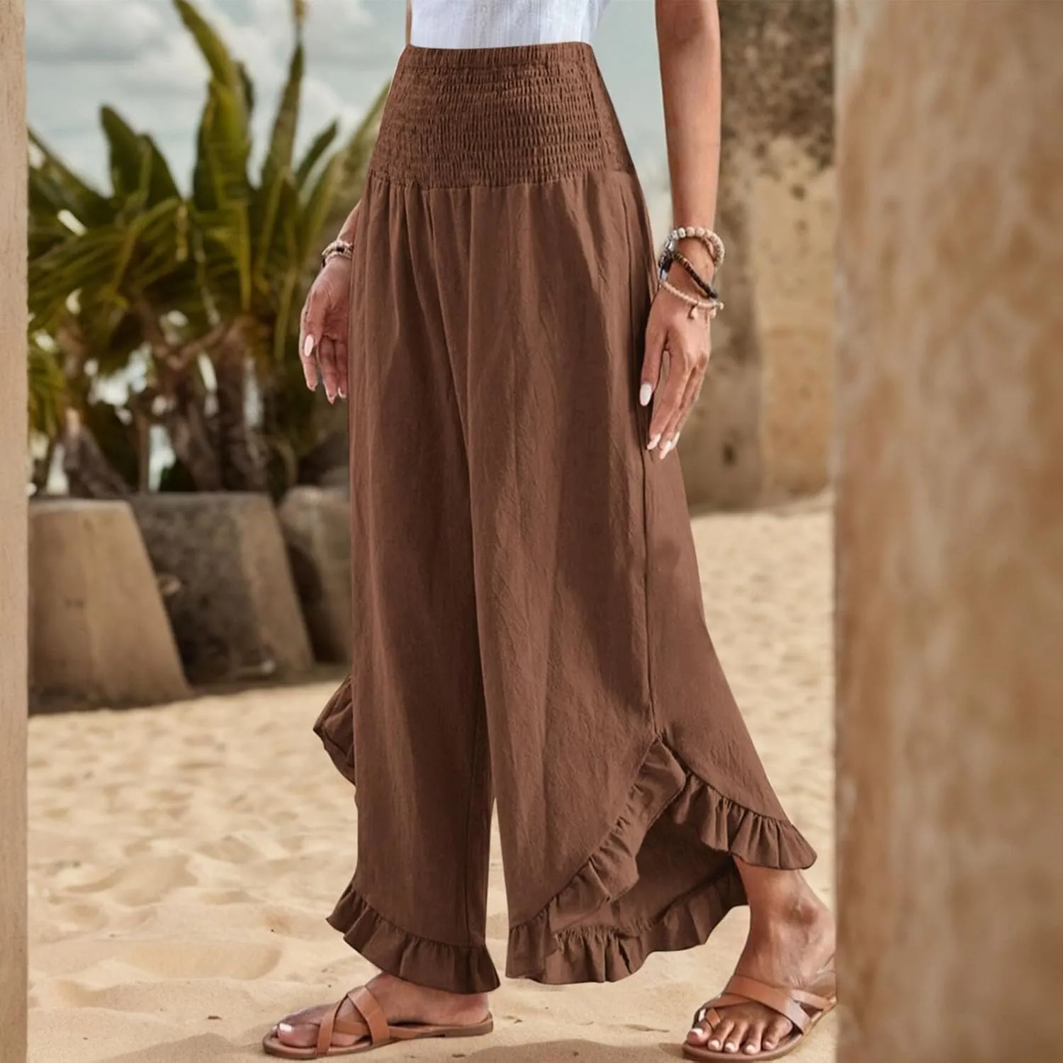 Linen Pants for Women 2025 Summer Casual Loose Flowy Boho Beach Pants,Smocked Waist Ruffle Palazzo Pant with Pockets