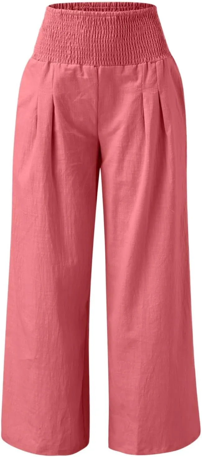 Linen Pants for Women Pleated High Waisted Wide Leg Pants Boho 2025 Summer Casual Pants Baggy Palazzo Pants
