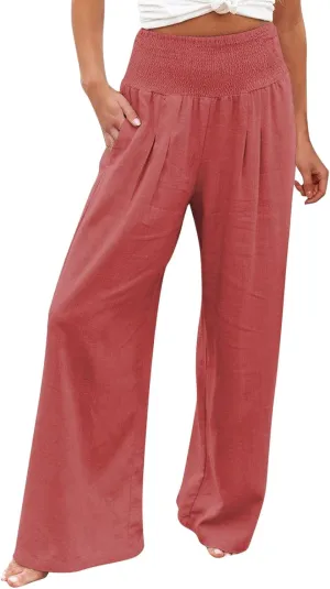 Linen Pants for Women Pleated High Waisted Wide Leg Pants Boho 2025 Summer Casual Pants Baggy Palazzo Pants