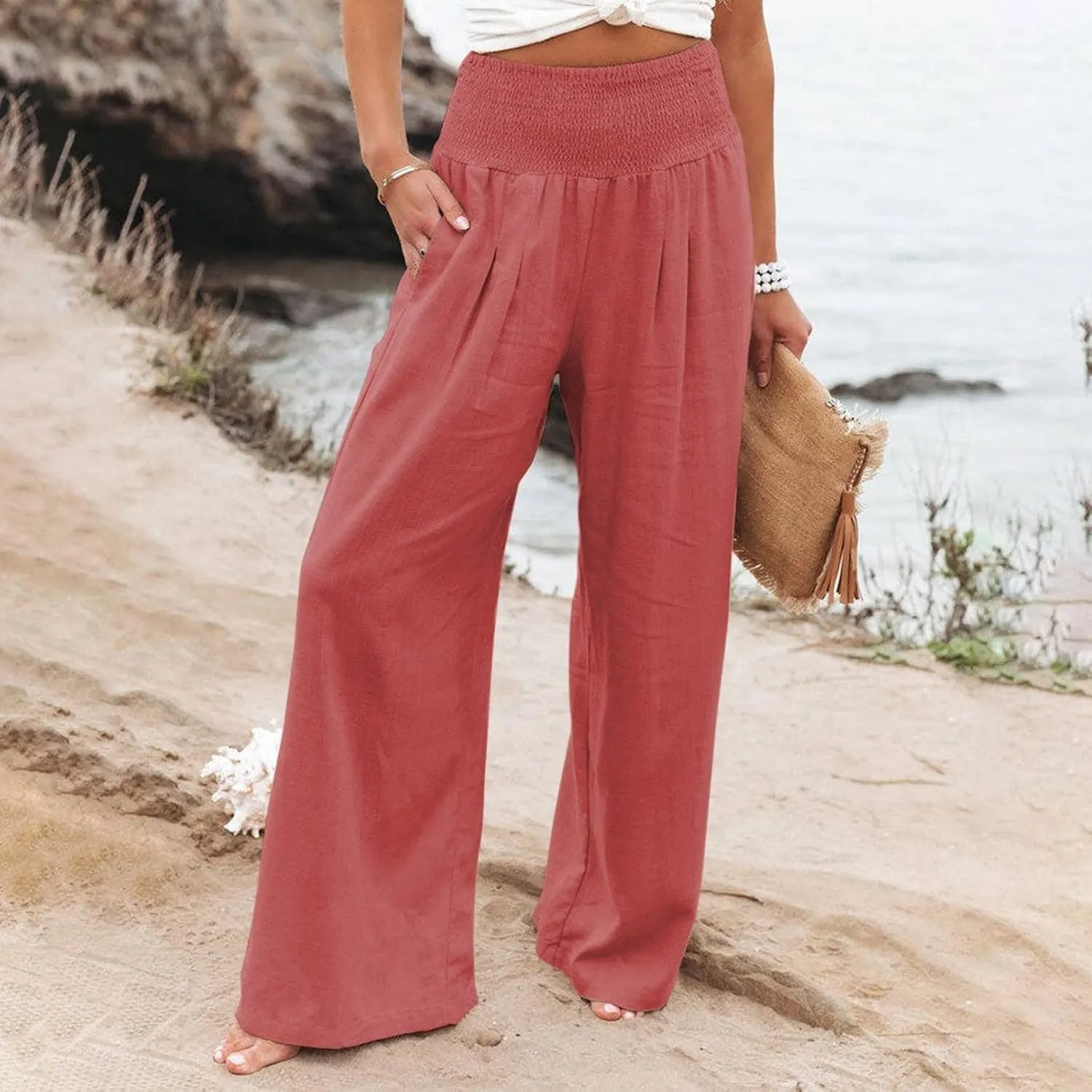 Linen Pants for Women Pleated High Waisted Wide Leg Pants Boho 2025 Summer Casual Pants Baggy Palazzo Pants