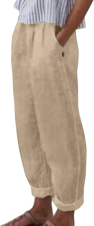 Linen Pants for Women Summer Casual Loose Beach Pant Lightweight High Waist Cropped Baggy Trousers with Pockets