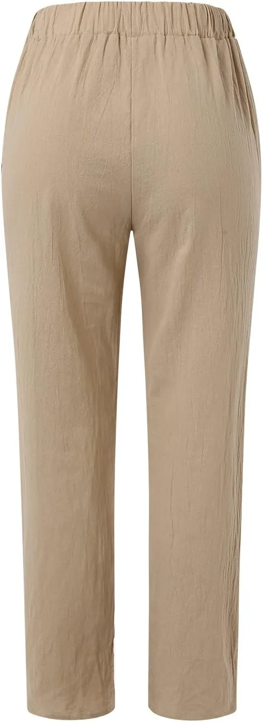 Linen Pants for Women Summer Casual Loose Beach Pant Lightweight High Waist Cropped Baggy Trousers with Pockets