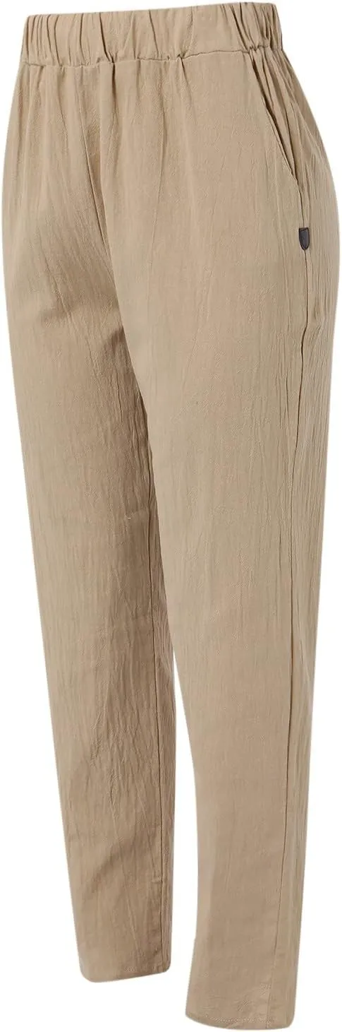 Linen Pants for Women Summer Casual Loose Beach Pant Lightweight High Waist Cropped Baggy Trousers with Pockets