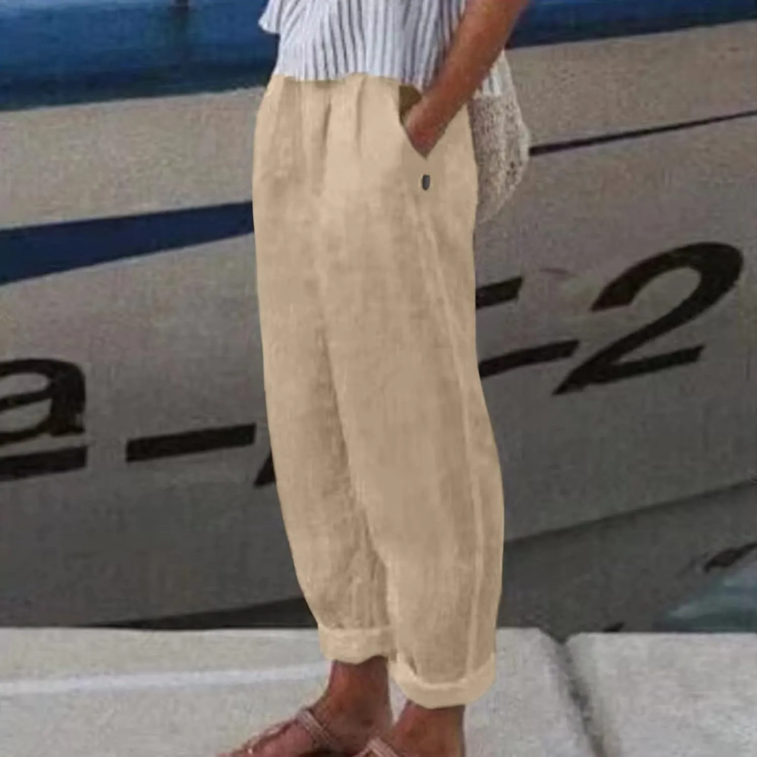 Linen Pants for Women Summer Casual Loose Beach Pant Lightweight High Waist Cropped Baggy Trousers with Pockets
