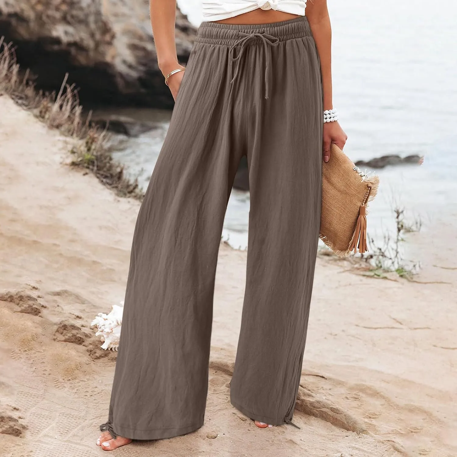 Linen Pants for Women Summer High Waisted Wide Leg Pants Casual Elastic Waist Palazzo Pants Beach Pants with Pockets