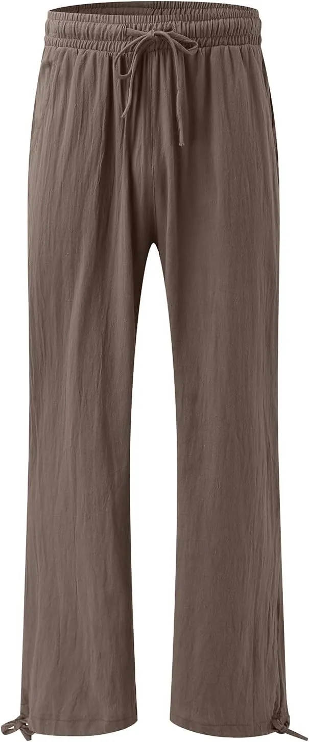 Linen Pants for Women Summer High Waisted Wide Leg Pants Casual Elastic Waist Palazzo Pants Beach Pants with Pockets