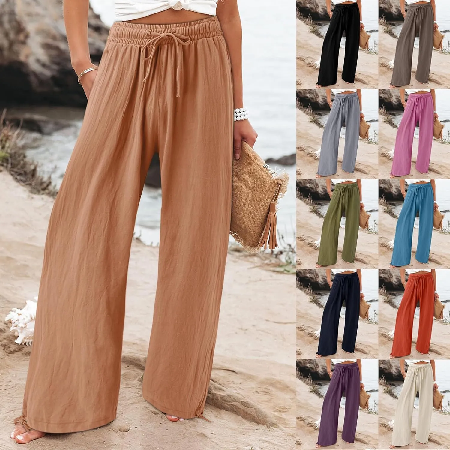Linen Pants for Women Summer High Waisted Wide Leg Pants Casual Elastic Waist Palazzo Pants Beach Pants with Pockets