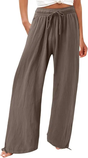 Linen Pants for Women Summer High Waisted Wide Leg Pants Casual Elastic Waist Palazzo Pants Beach Pants with Pockets