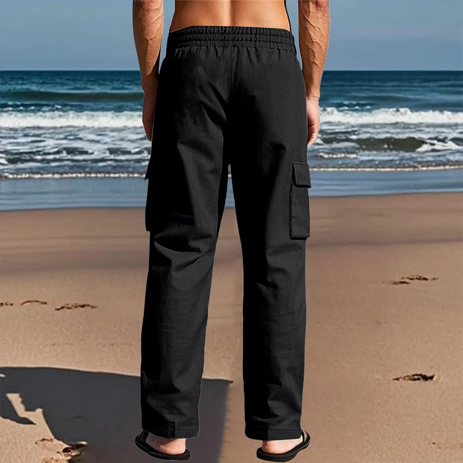 Linen Pants Men Men's Pants Casual Relaxed Fit Straight Leg Drawstring Lightweight Summer Comfort Pant with Pockets