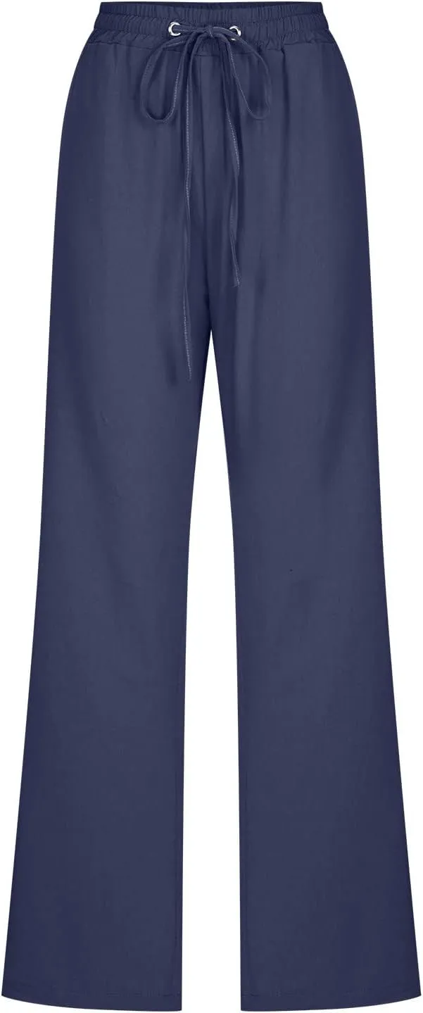 Linen Pants Women Wide Leg Summer Lounge Pants High Waisted Elastic Waist Trousers Fashion Trousers with Pockets 2025