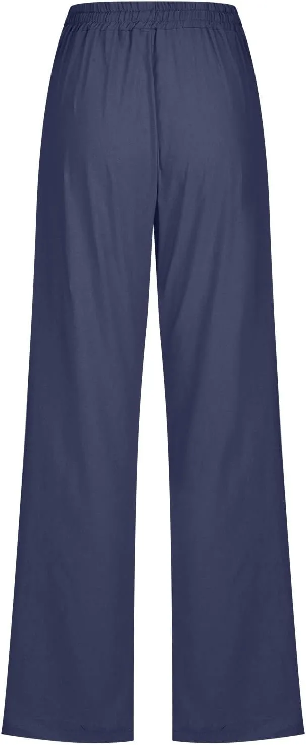 Linen Pants Women Wide Leg Summer Lounge Pants High Waisted Elastic Waist Trousers Fashion Trousers with Pockets 2025