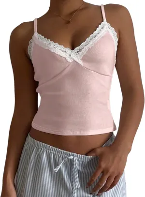 LOFAAC Women Sexy Spaghetti Strap Lace Patchwork Crop Cami Shirt Cute Slim Fit Sleeveless V Neck Going Out Lace Camisole