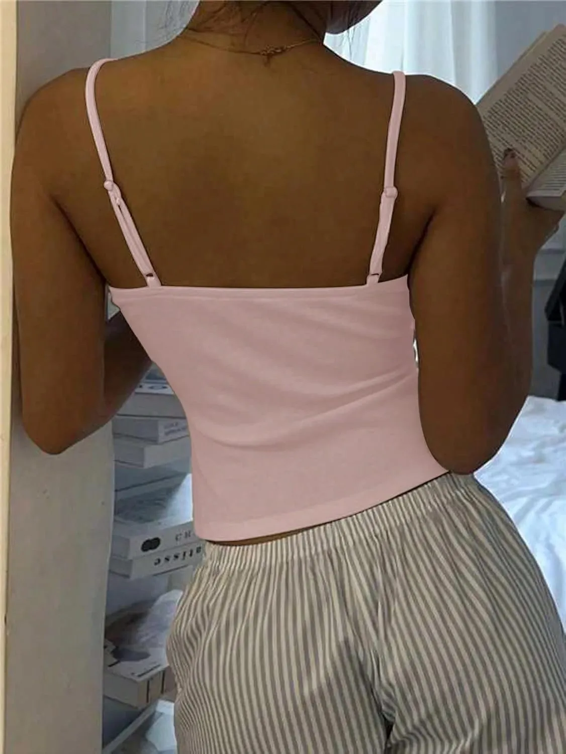 LOFAAC Women Sexy Spaghetti Strap Lace Patchwork Crop Cami Shirt Cute Slim Fit Sleeveless V Neck Going Out Lace Camisole