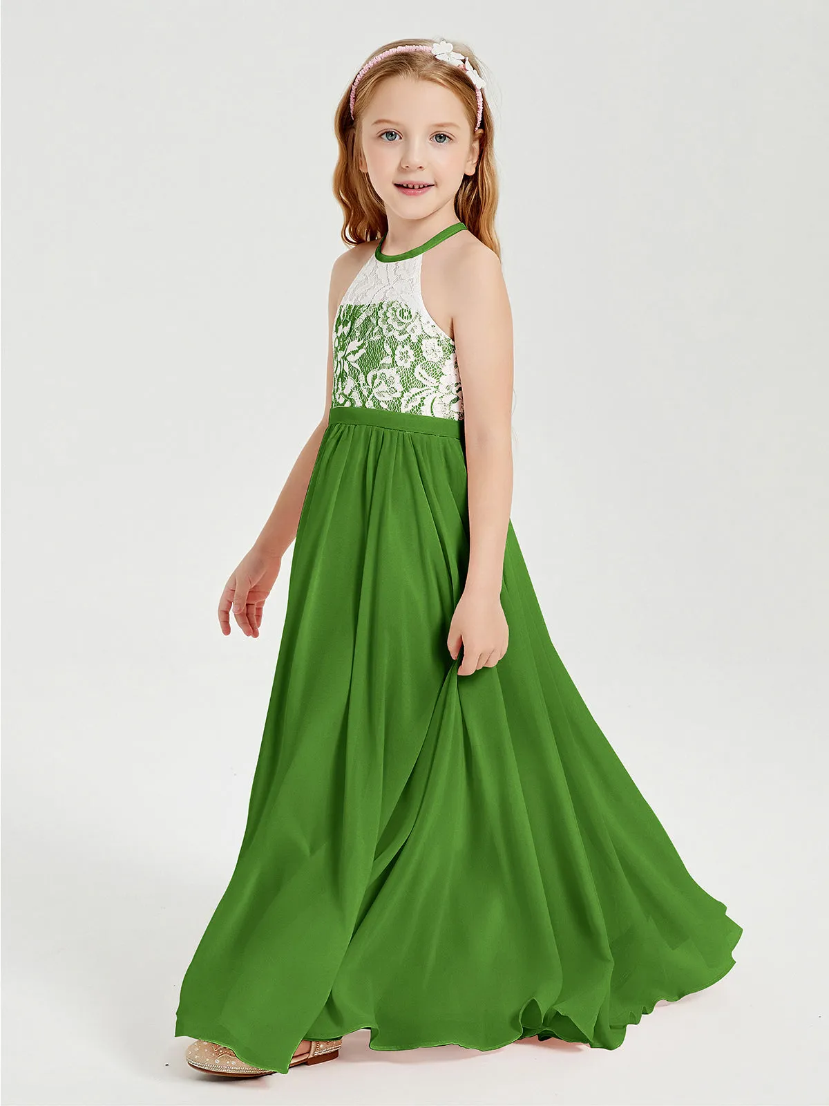 Long Chiffon Bridesmaid Dresses Lace Top Moss