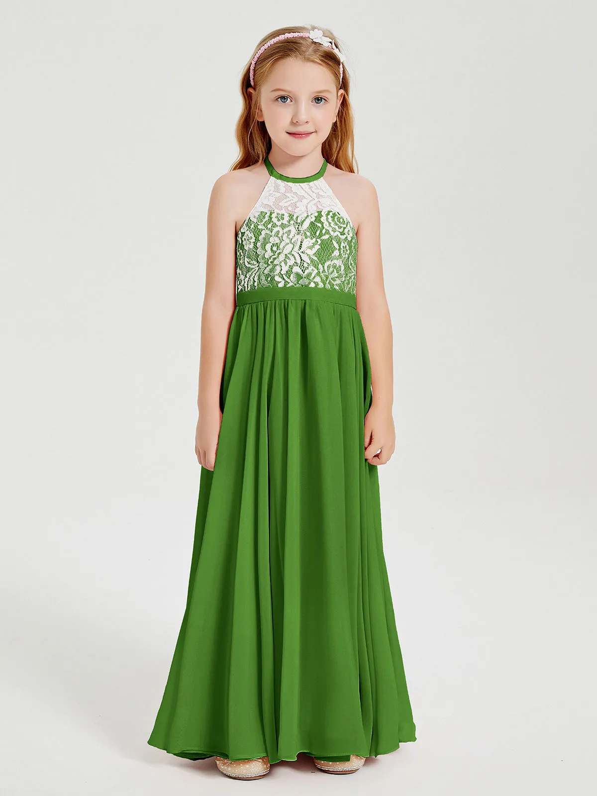 Long Chiffon Bridesmaid Dresses Lace Top Moss
