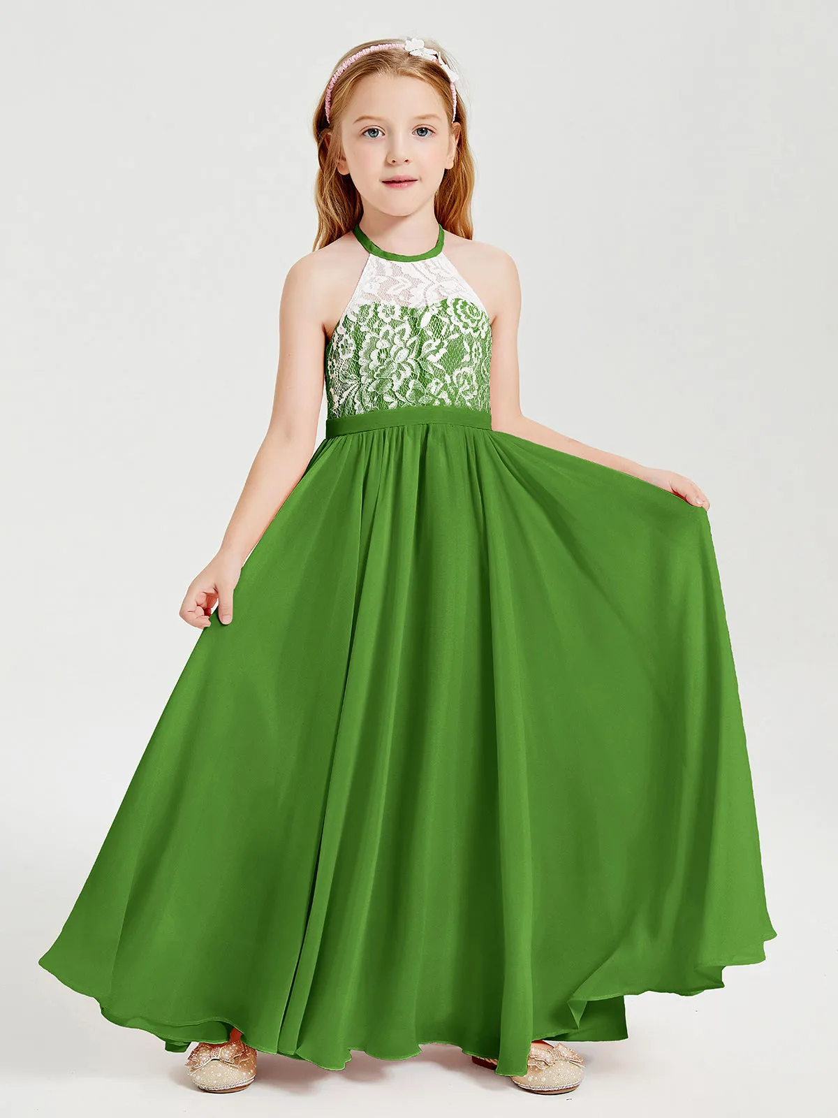 Long Chiffon Bridesmaid Dresses Lace Top Moss