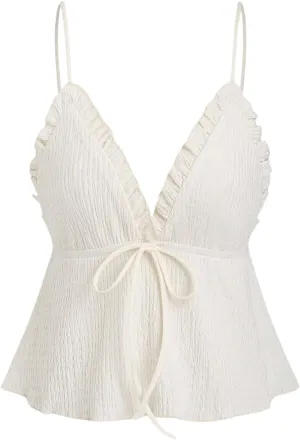 MakeMeChic Women's Textured Ruffle Hem Cami Top Knot Front V Neck Sleeveless Camisole Tops