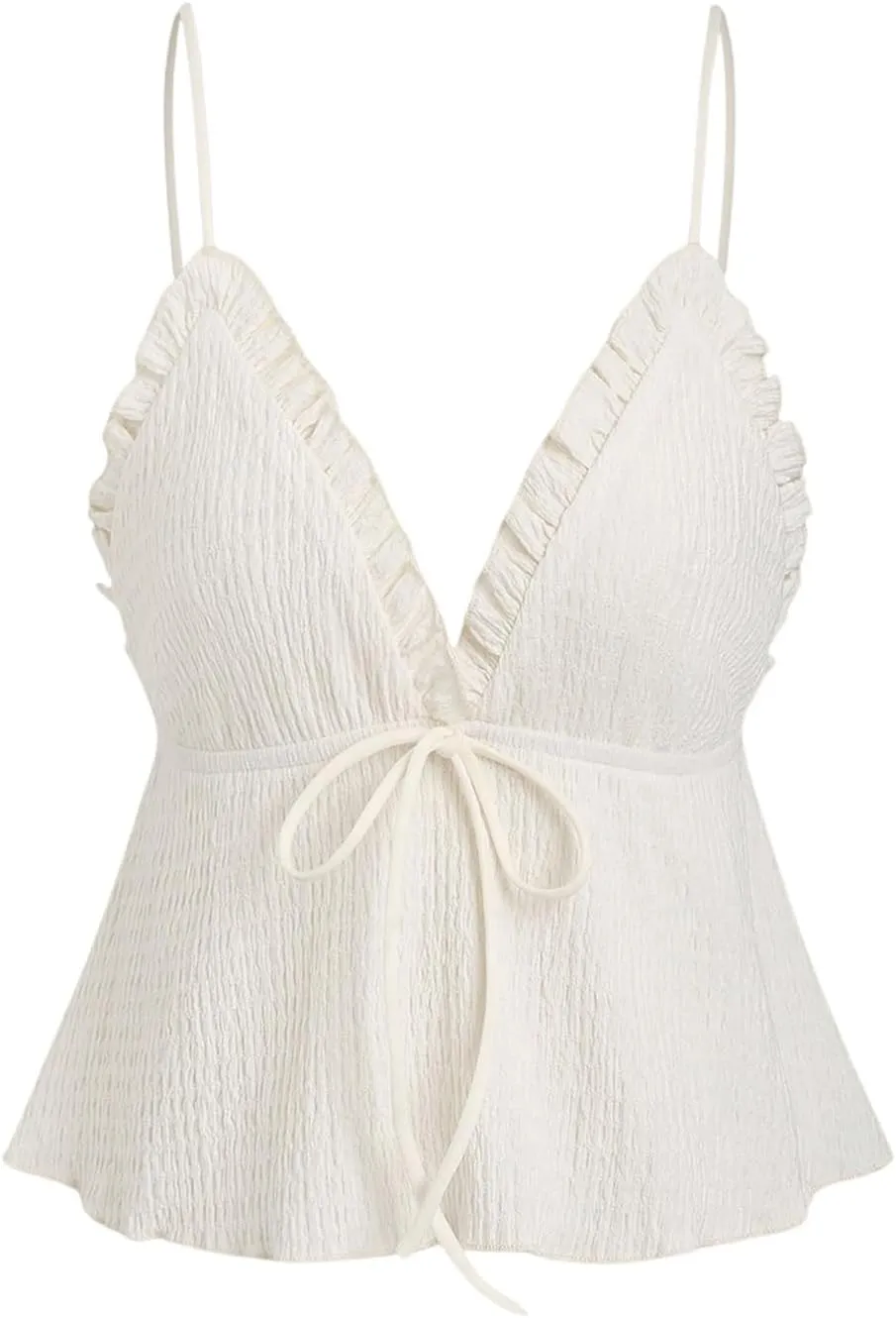 MakeMeChic Women's Textured Ruffle Hem Cami Top Knot Front V Neck Sleeveless Camisole Tops