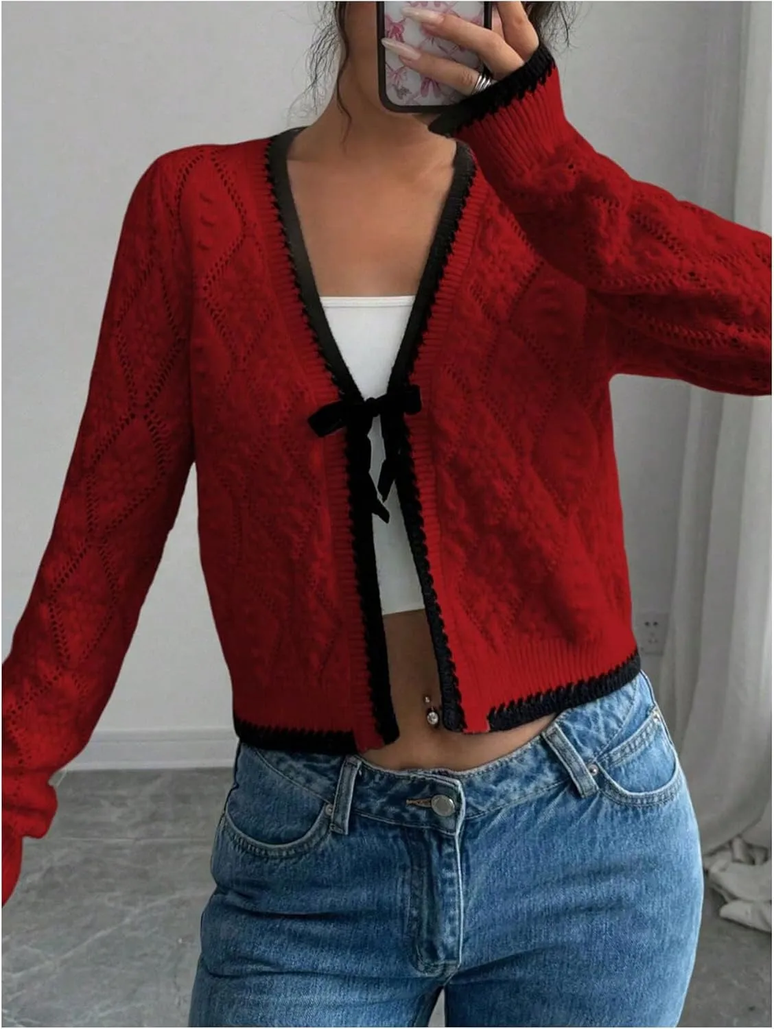 MakeMeChic Women's Tie Front Cardigan Sweater V Neck Long Sleeve Crop Cardigan