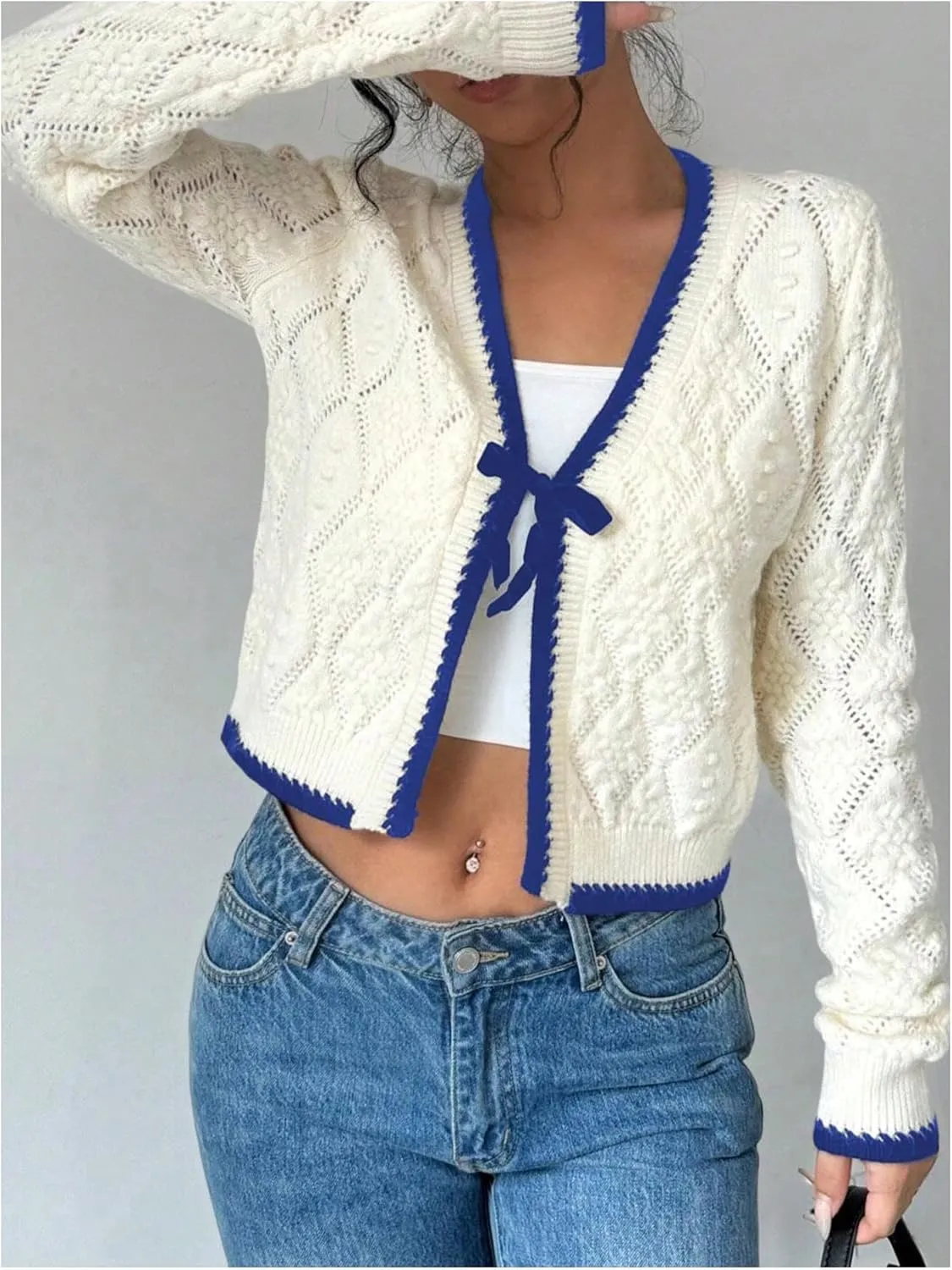 MakeMeChic Women's Tie Front Cardigan Sweater V Neck Long Sleeve Crop Cardigan